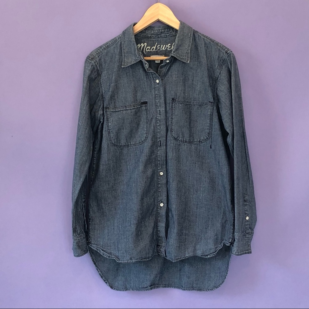 Madewell Blue Denim Button Up Collar Hi-Low Shirt